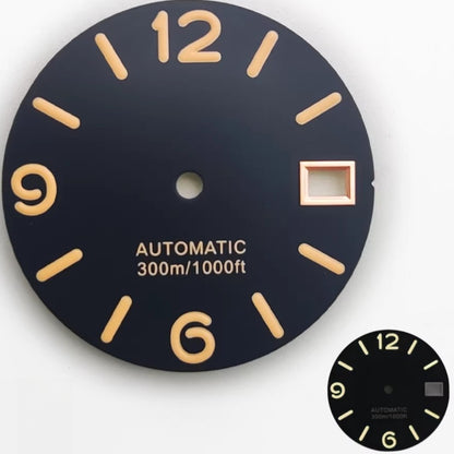 28.5mm orange font black watch dial with yellow lume, compatible with NH35 NH36 movements, 300m water resistance.