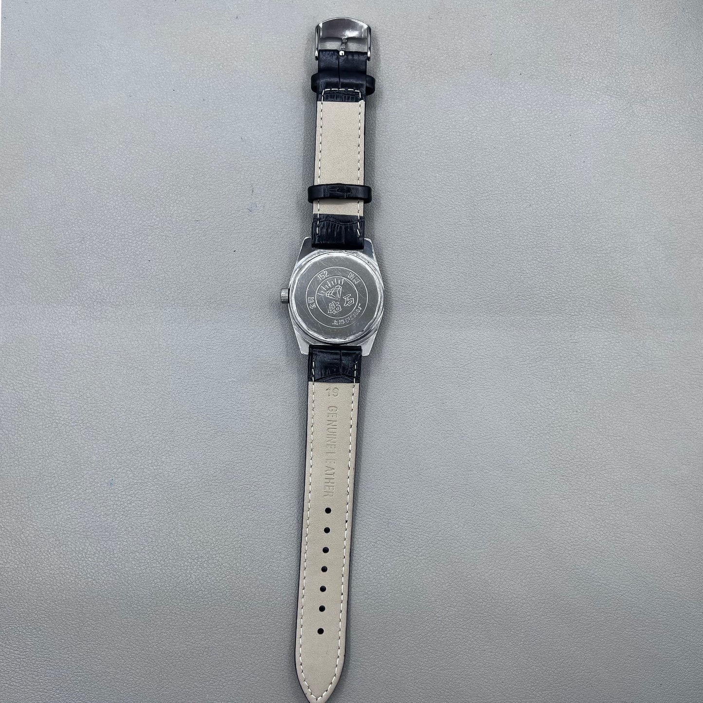 38mm DIAMOND Black Strap Manual Mechanical Watch 17 Jews White Dial Silver Case