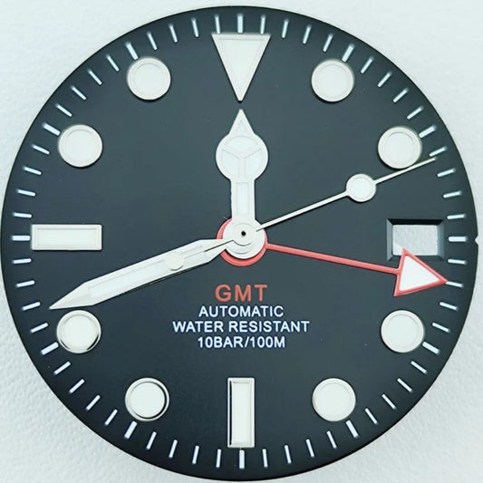 Black 28.5mm Red Pointed GMT Hand Green Lume Watch Dial with Hands Fit for NH34