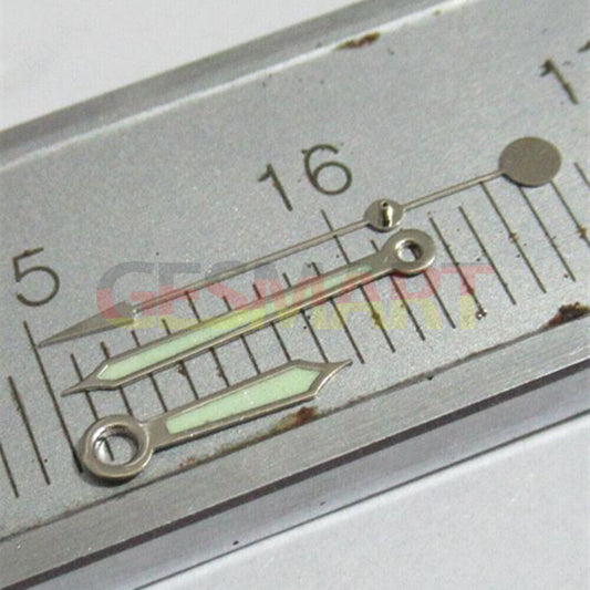 Green luminous watch hands with silver trim for Miyota 2035, 2115, 2105, 2305, 2315 movements.