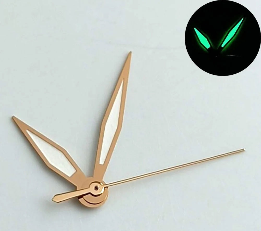 White painted watch hands with green lume and rose gold trim, compatible with NH35 NH36 NH70 movements.