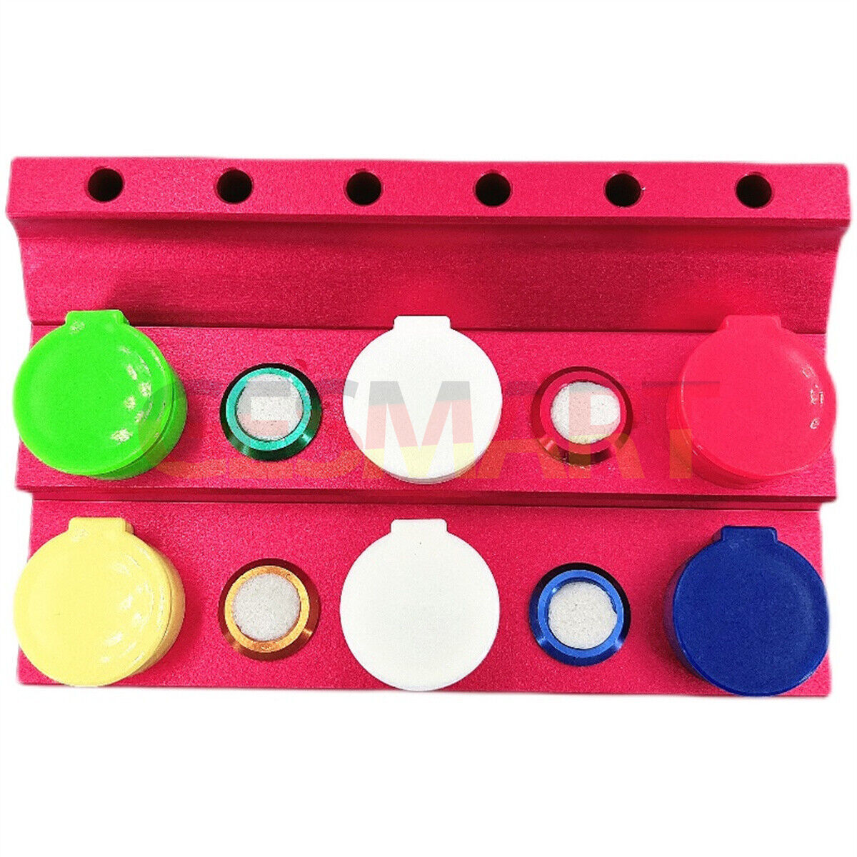 Die-cast alloy oil cup stand with 6 containers and plastic cover for organized watch repair tools.