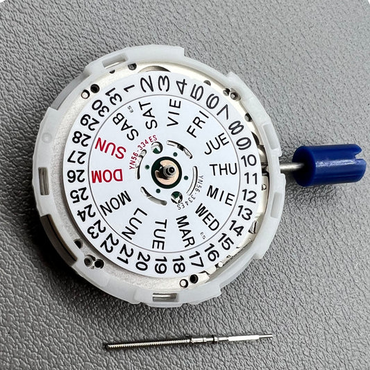 Japan Epson YN56 mechanical watch movement showing date and day functions.