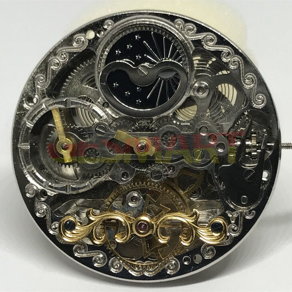 Double Mainspring hollow carved watch showcasing dual timezone automatic mechanical movement for precision timekeeping.