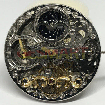 Double Mainspring hollow carved watch showcasing dual timezone automatic mechanical movement for precision timekeeping.