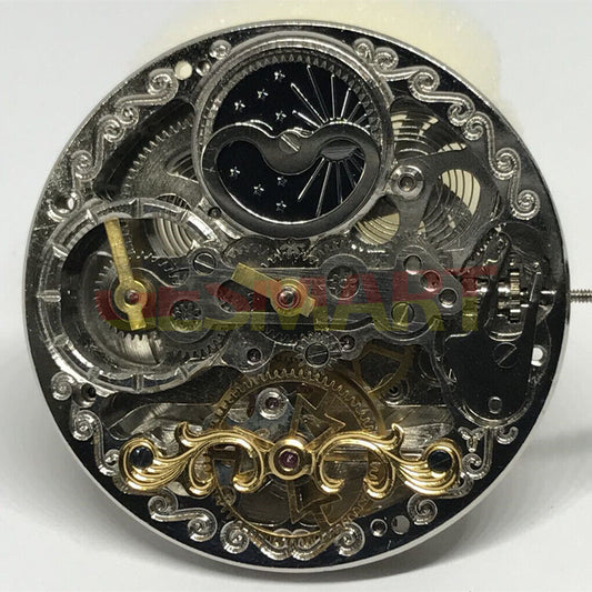 Double Mainspring hollow carved watch showcasing dual timezone automatic mechanical movement for precision timekeeping.