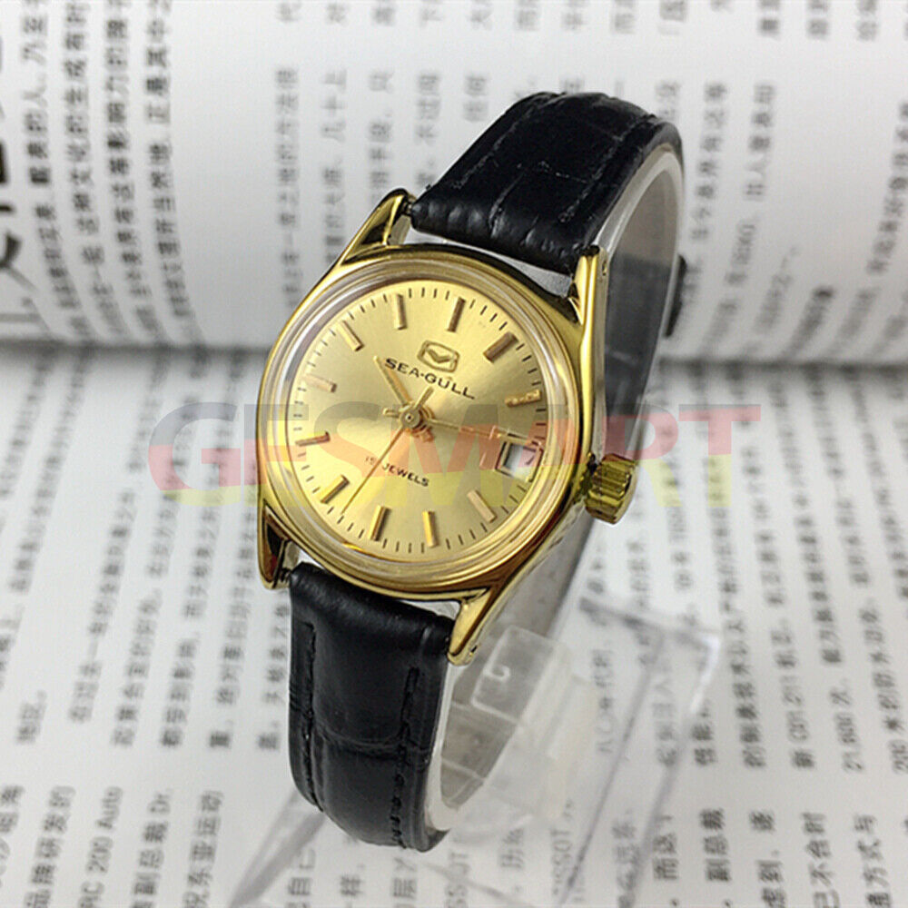 Montre mécanique à cadran rond pour femme, cadran doré, calendrier simple, motif mouette