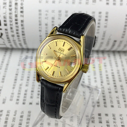 Montre mécanique à cadran rond pour femme, cadran doré, calendrier simple, motif mouette