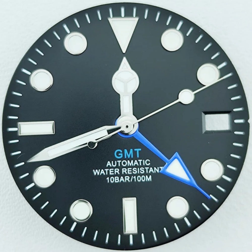 Black 28.5mm Blue Pointed GMT Hand Lume Watch Dial with Hands Fit for NH34