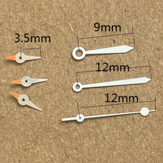 Aiguilles de montre 12 mm argent + orange seconde garniture blanche luminescentes vertes pour mouvement à quartz Miyota JS15