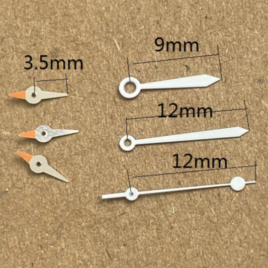 Aiguilles de montre 12 mm argent + orange seconde garniture blanche luminescentes vertes pour mouvement à quartz Miyota JS15