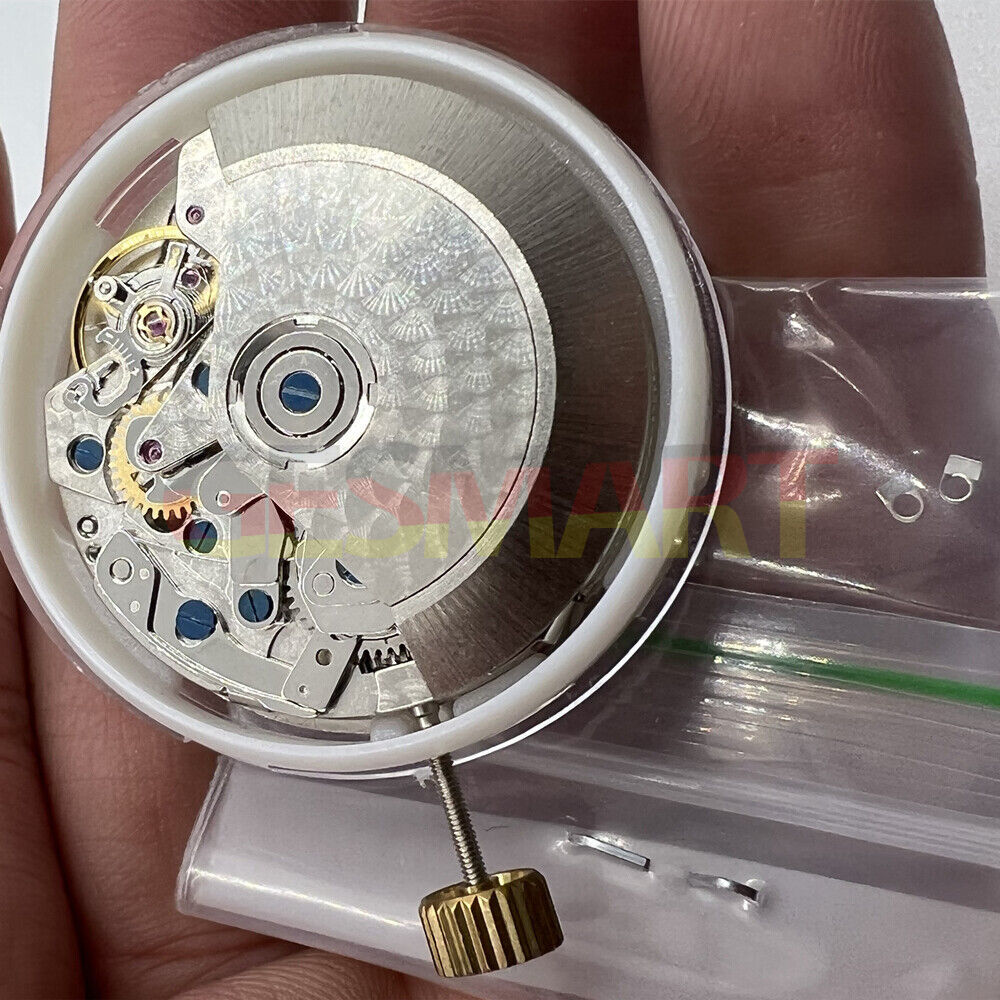 Asian 7750 chronograph watch movement with black dial, single calendar at 3, small seconds at 9, by ETA.