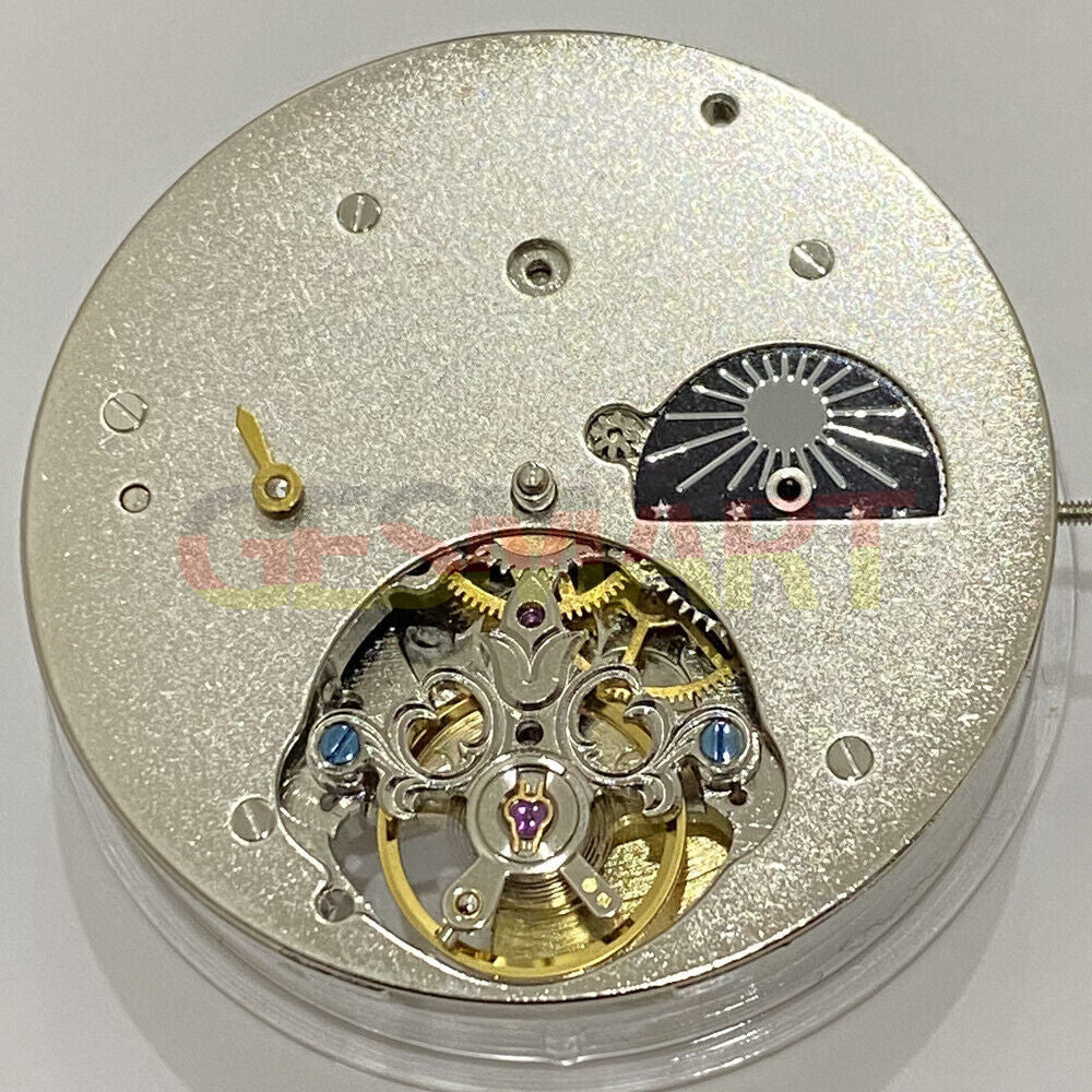 China Made multifunctional mechanical watch with double time zone and moon phase at 3 o'clock.