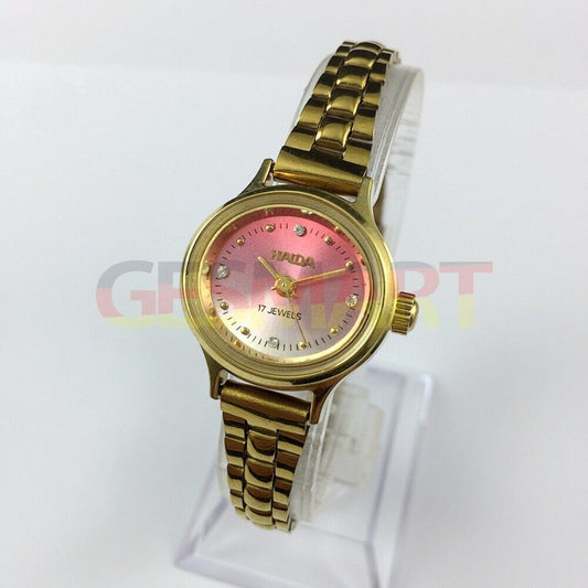 HAIDA 25mm ladies' mechanical watch with golden nail markers, 17 jewels, and pink gradient dial.