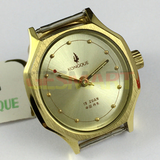 28mm Dandong Kongque lady mechanical watch with golden dial, 19 jewels, elegant manual timepiece.