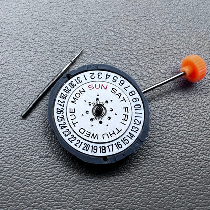 Japan Miyota 6L02 quartz watch movement with double calendar, three hands, date @6, precision timing component.