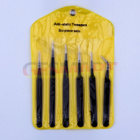 Set of 6 anti-static stainless steel black plating tweezers in PVC bag for watch and jewelry repair.