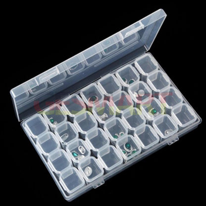Clear 28-grid mini parts toolbox (11x17cm) with hinged lid for organized storage - durable and portable.