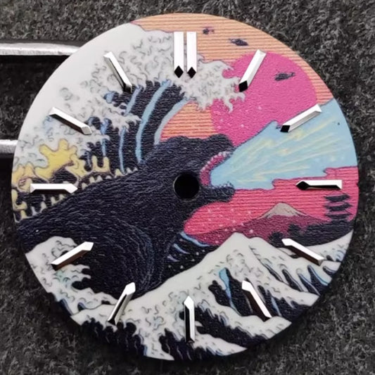 28.5mm Japanese Landscape Monster Painting Green Lume Watch Dial Fit for NH35 Long Nail