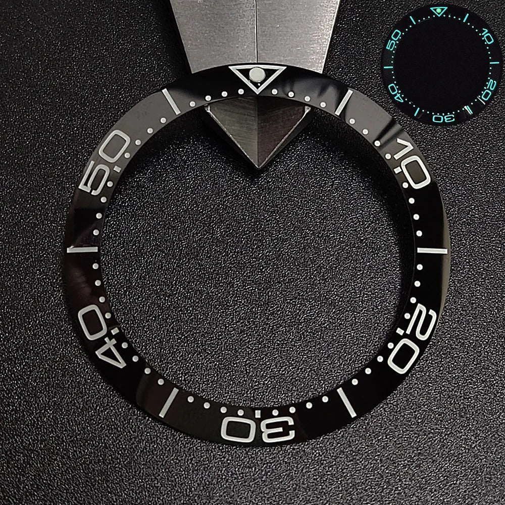 Sloping luminous ceramic bezel insert 39.3x31.7mm for watch accessories, durable replacement.