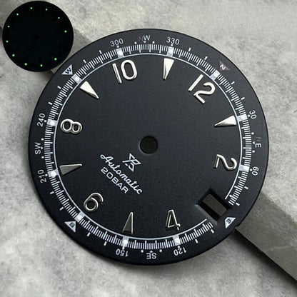 Black 28.5mm modified watch dial for NH35 NH36 with green lume and silver nail markers.