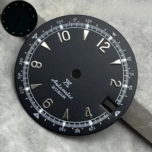 28.5Mm Black Modified Watch Dial For NH35 NH36 Green Lume Silver Nail