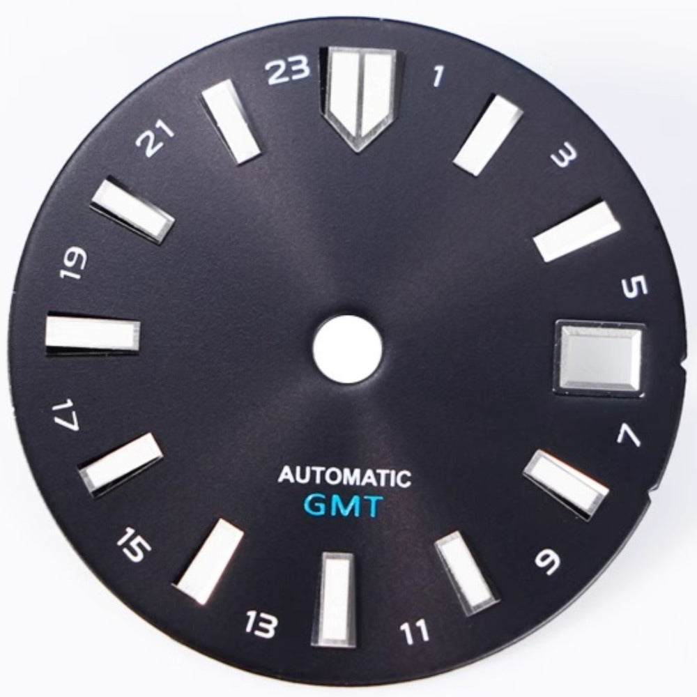 Solid black 28.5mm MOP modified seashell watch dial for NH34 GMT, sleek and durable.