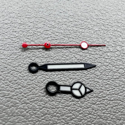White painted watch hands with matte black trim and red second hand for NH35/36 movement, Seiko compatible.