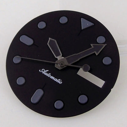 Nologo 29mm black dial with markers and hands for NH36 diver watch, double date function, 3/3.8 crown.