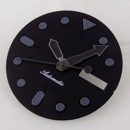 Nologo 29mm black dial with markers and hands for NH36 diver watch, double date function, 3/3.8 crown.