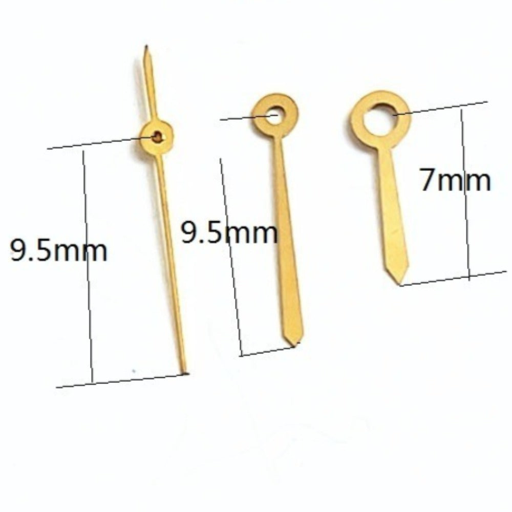 Golden 9.5mm watch hands for Ronda 785 movement, perfect for precise watch repairs and customization.