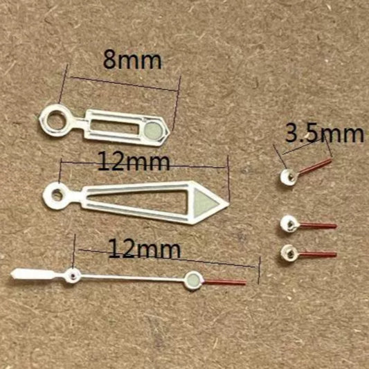 Aiguilles de montre creuses luminescentes vertes, 12 mm, argent et garniture rouge, pour Miyota JS15