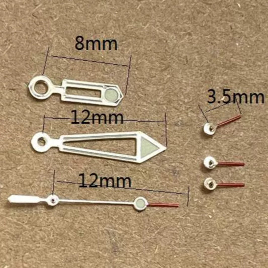 Aiguilles de montre creuses luminescentes vertes, 12 mm, argent et garniture rouge, pour Miyota JS15