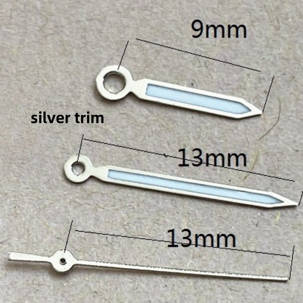 Silver trim green lume watch hands set, 13x13x9mm, compatible with Ronda 515 quartz movement, enhancing readability and style.