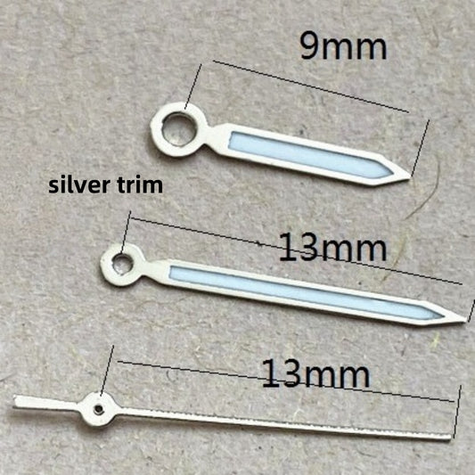 Silver trim green lume watch hands set, 13x13x9mm, compatible with Ronda 515 quartz movement, enhancing readability and style.