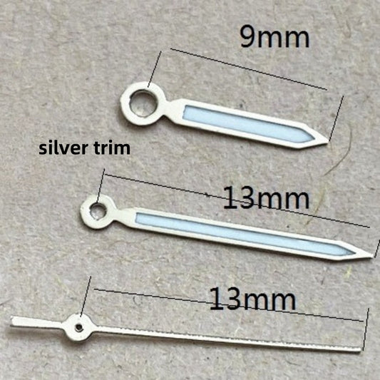 Silver-trimmed green lume watch hands set, 13x13x9mm, compatible with Ronda 515 quartz movement,.