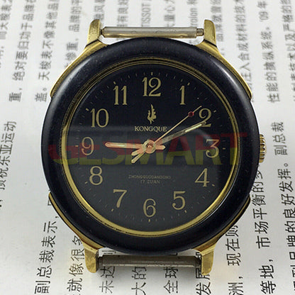 36mm China Made manual mechanical watch with 17 jewels, black dial, and luminous hands for clear time reading.