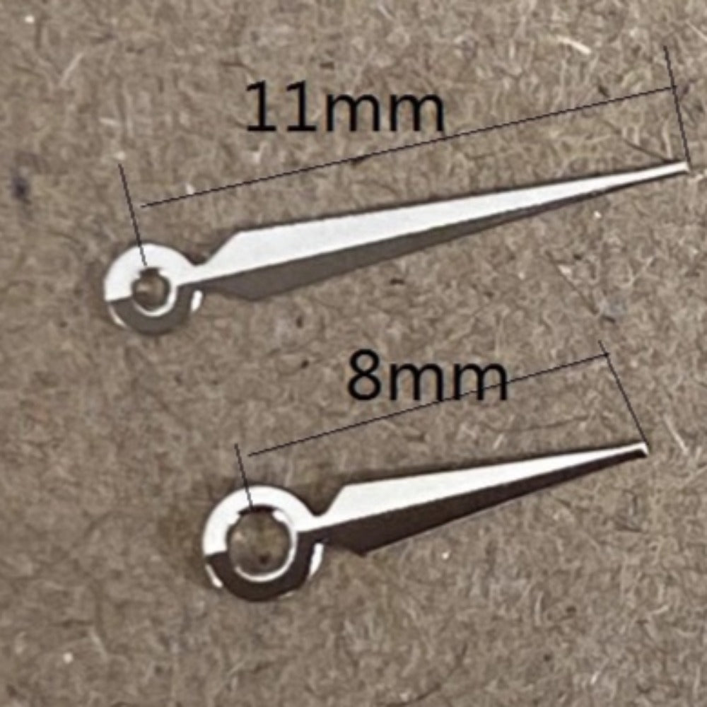Dark silver 11x8mm watch hands compatible with Ronda 763, 762, 751, 1062, 1063 movements.