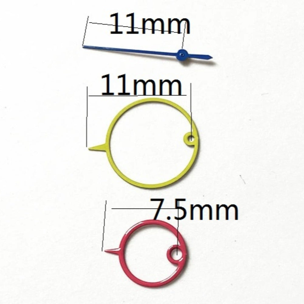 Yellow and red 11mm watch hands for Miyota 2035, vibrant big ring design, perfect for watch repair.