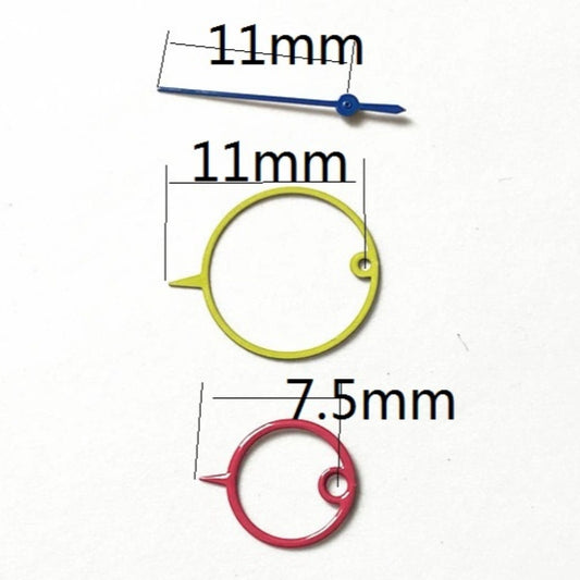 Yellow and red 11mm watch hands for Miyota 2035, vibrant big ring design, perfect for watch repair.