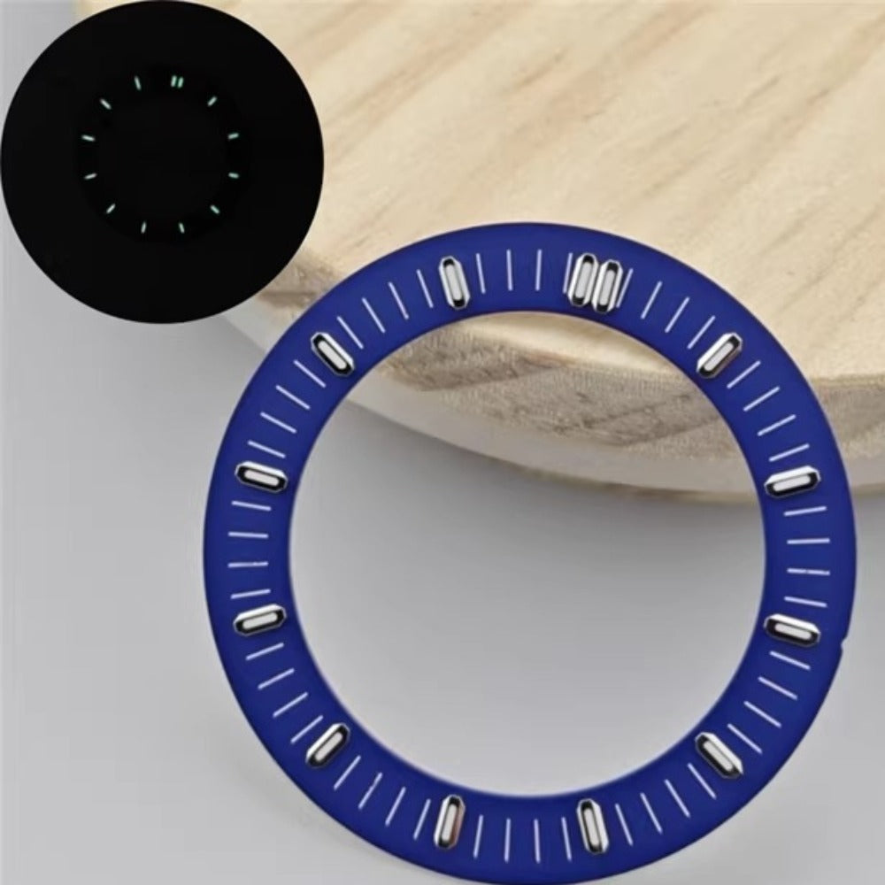 Blue 31mm hollow green lume watch dial by APP Oak Tree, fits NH70/NH35/NH36 movements.