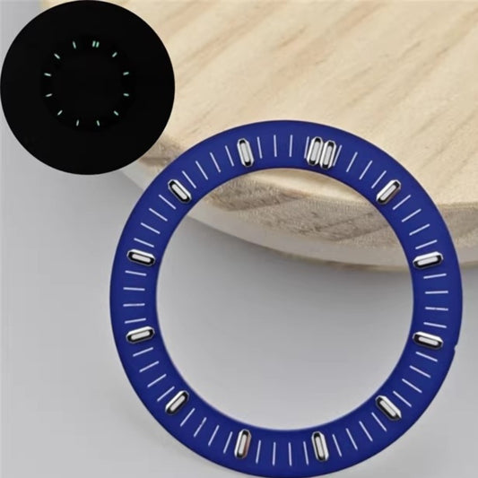 Blue 31mm hollow green lume watch dial by APP Oak Tree, fits NH70/NH35/NH36 movements.