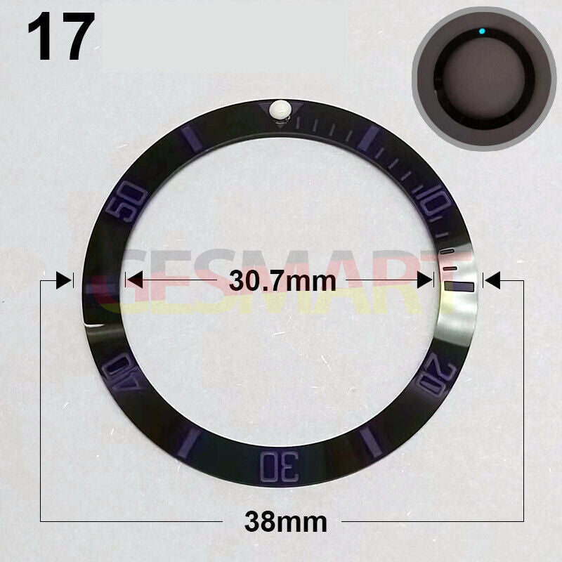 38mm ceramic watch bezel with black slope, purple font, and green luminous markers for precision timing.