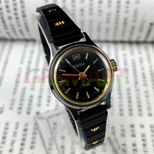 Elegant 23mm HAIDA lady watch with golden nails, black dial, 17 jewels, and manual mechanical movement.