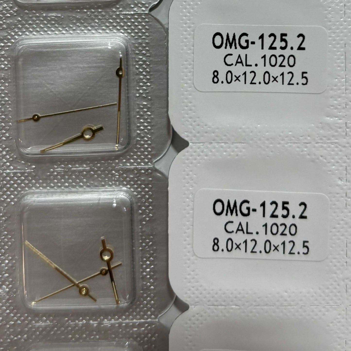 Golden trim green lume watch hands for ETA1020 movement, 8x12x12.5mm, precise 3-hand design.