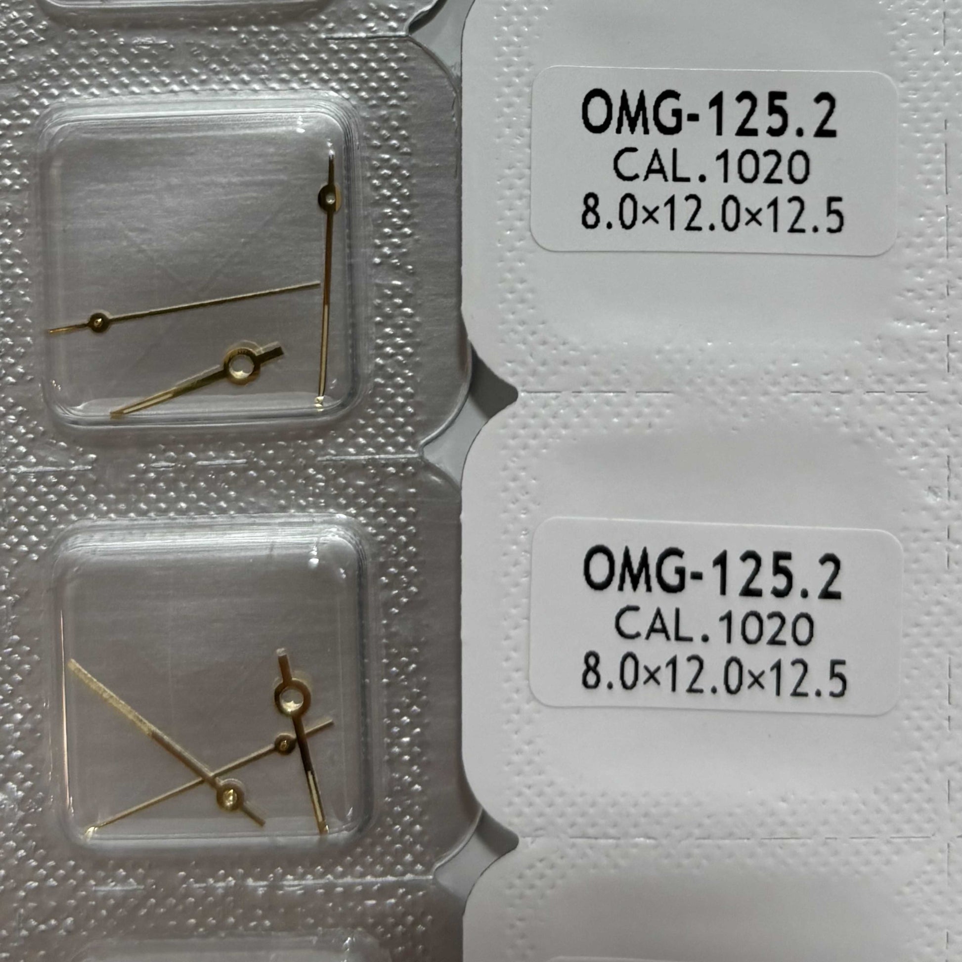 Golden trim green lume watch hands for ETA1020 movement, 8x12x12.5mm, precise 3-hand design.