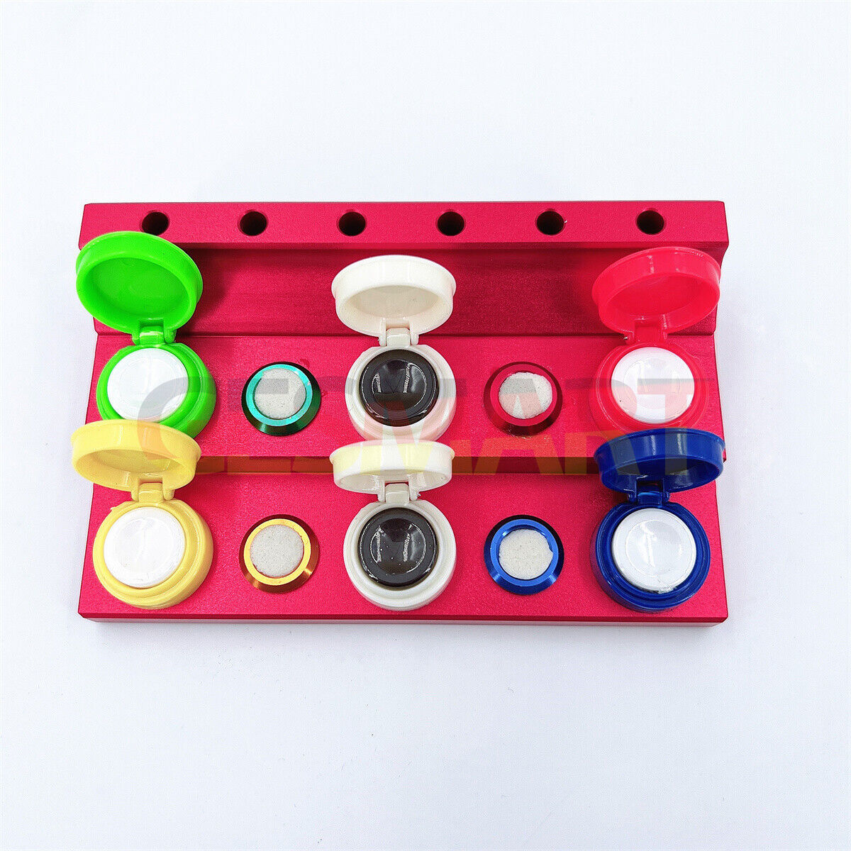 Die-cast alloy oil cup stand with 6 containers and plastic cover for precise watch repair tool organization.