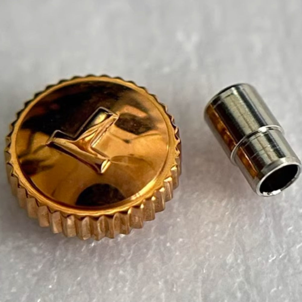 Steel rose gold watch crown for Tissot T006, durable replacement part enhancing repair precision.