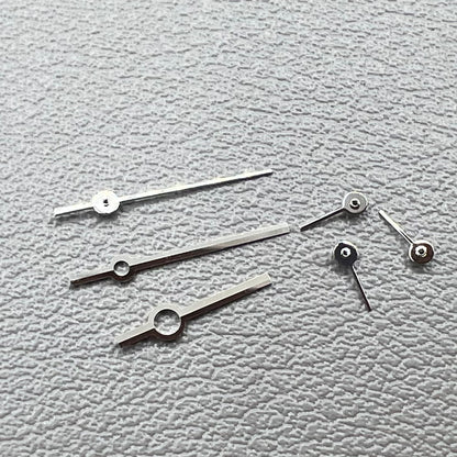 Silver watch hands set compatible with Ronda 5030.D quartz movement, precision timepiece parts.
