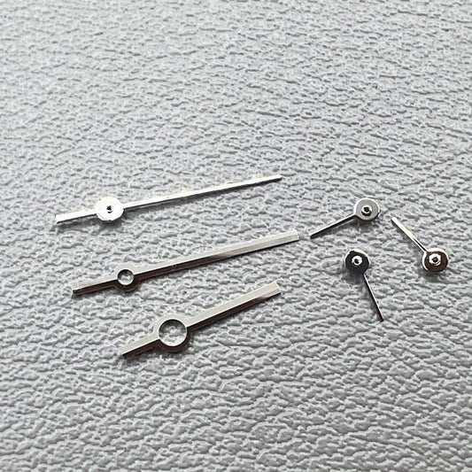 Silver watch hands set compatible with Ronda 5030.D quartz movement, precision timepiece parts.
